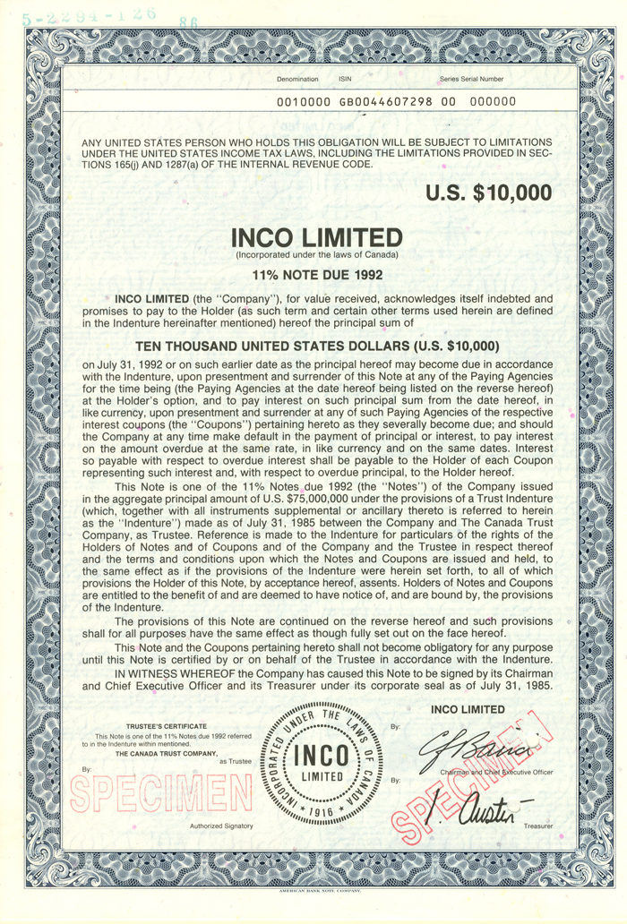Inco Limited $10,000 Bond